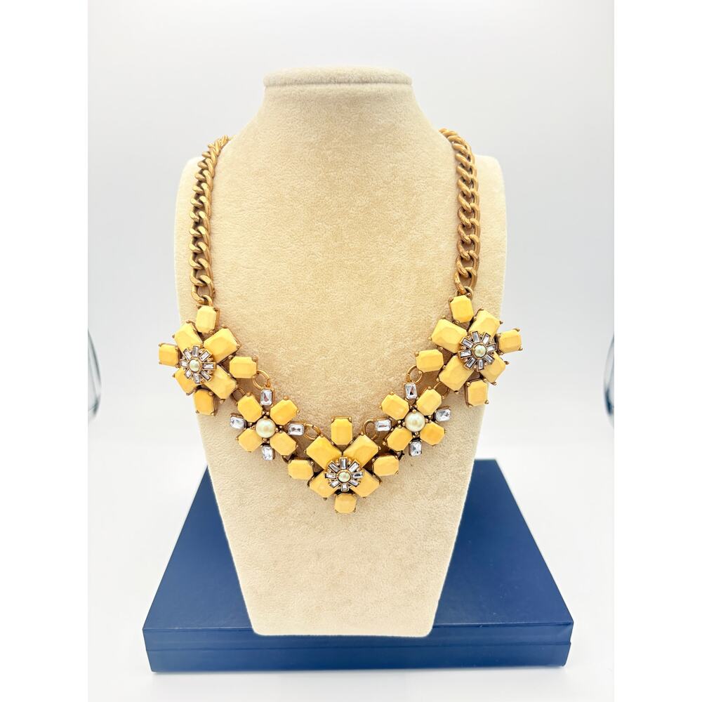 J.Crew Yellow Geometric Floral Statement Necklace Resin Stones Gold Tone